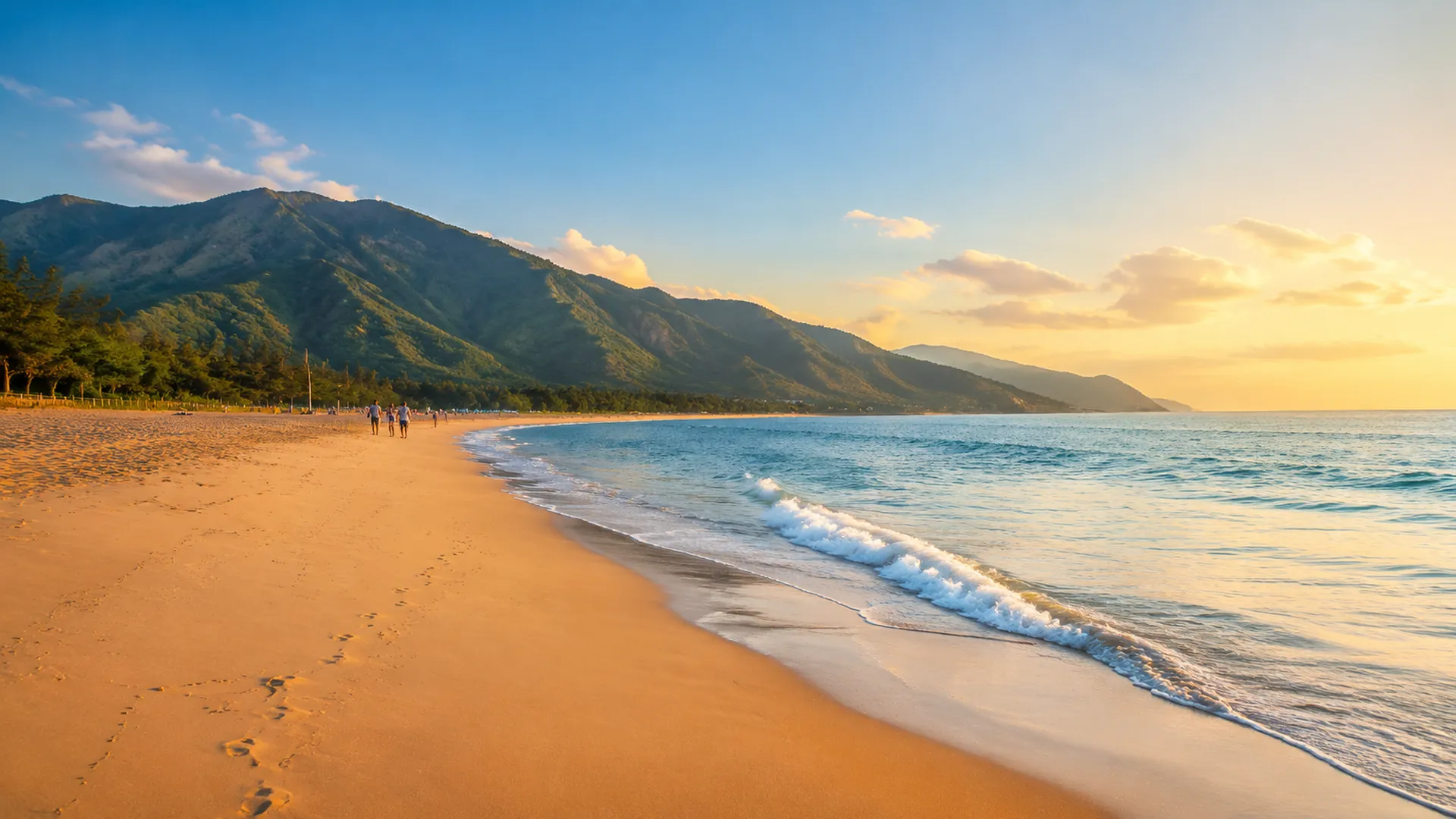 Xichong Beach Shenzhen — golden sand stretching along the coastline with green hills and blue ocean